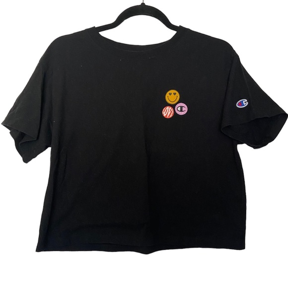 Champion Black Crop Top Tee with Chest Patches - Picture 1 of 4